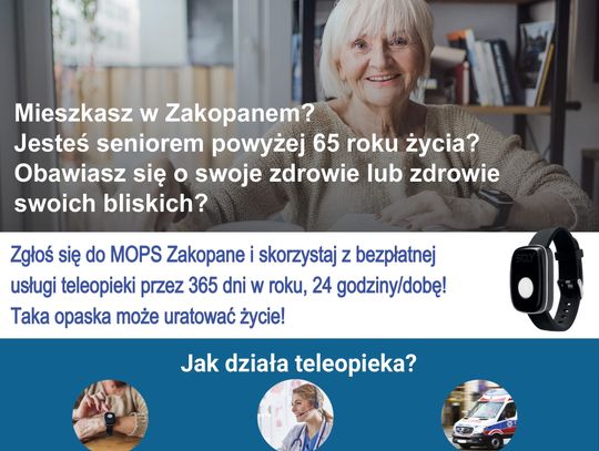 teleopieka, bezpłatna usługa, opaska, senior, osoba powyżej 65 roku życia, monitorowanie, usługi opiekuńcze, detektor upadku