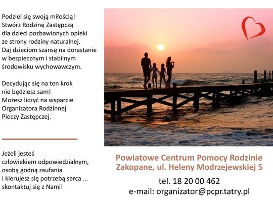 Powiatowe Centrum Pomocy Rodzinie poszukuje kandydatów do pełnienia funkcji rodziny zastępczej zawodowej. Poszukiwane są osoby, które chcą stworzyć bezpieczny dom dzieciom pozbawionym prawidłowej opieki rodziców biologicznych.