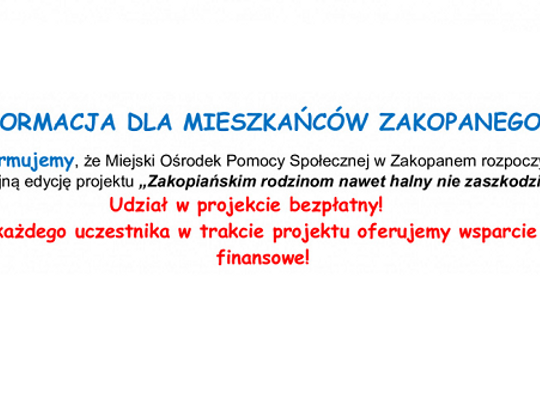 Zakopiańskim rodzinom nawet halny nie zaszkodzi, projekt współfinansowany ze środków Unii Europejskiej, projekt dla rodzin, rekrutacja do projektu, nabór do projektu