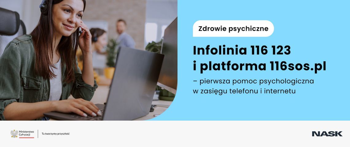zdrowie psychiczne, NASK, platforma 116sos.pl. 116 123, Niebieska Linia, infolinia, platforma pomocowa, pomoc psychologiczna, pierwsza pomoc psychologiczna