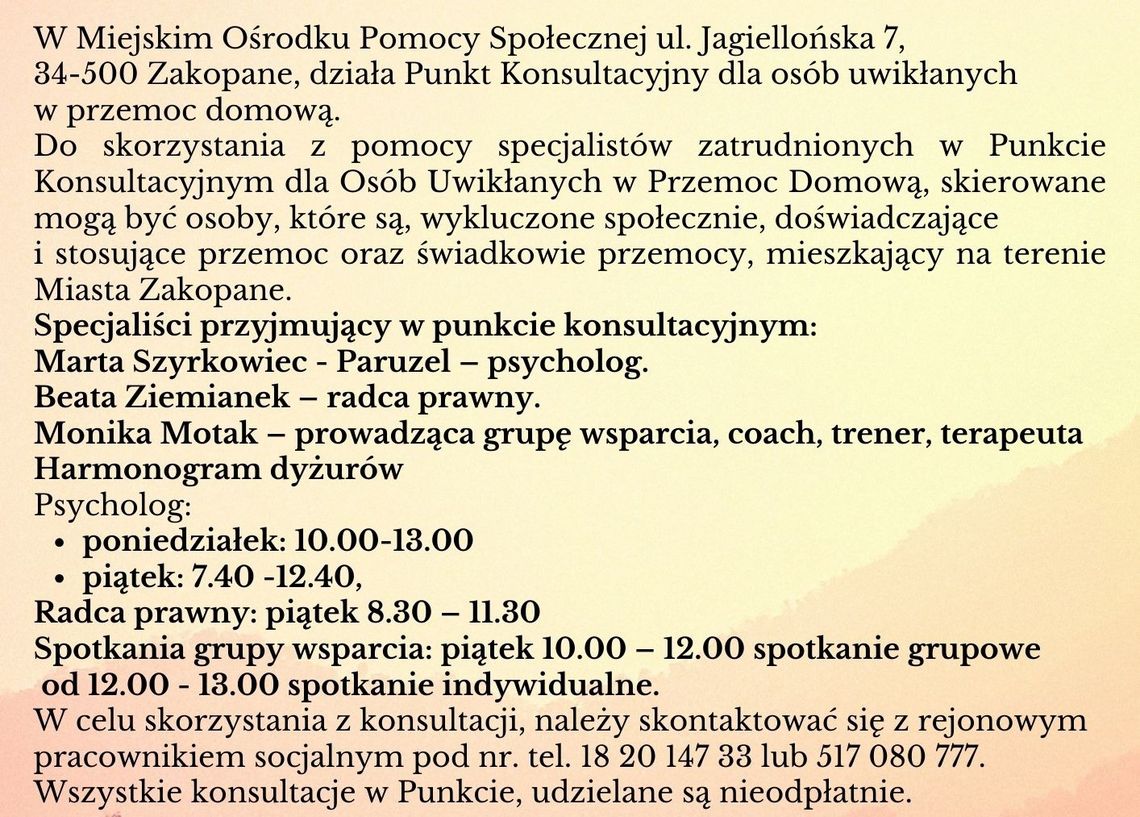 Punkt Konsultacyjny dla Osób Uwikłanych w Przemoc Domową