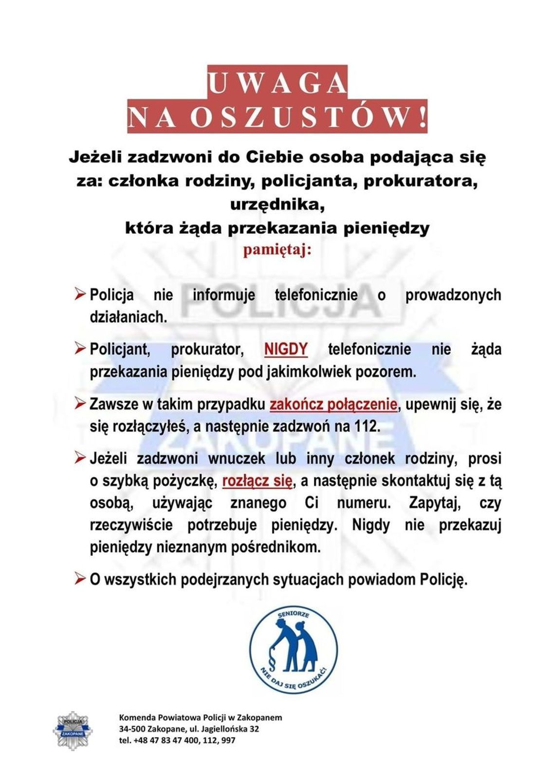 uwaga na oszustów, ostrzeżenie policji
